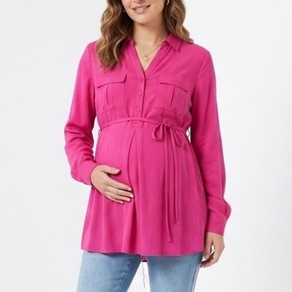 Motherhood Maternity Hot Pink Button Front Roll Tab Sleeve Tie Waist Tunic Top M